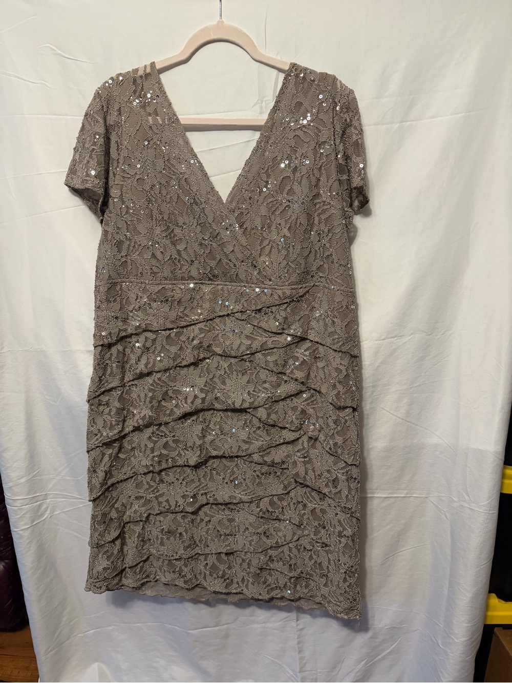 Scarlett Nite Taupe Lace Sequin Tiered V-Neck Midi Dress